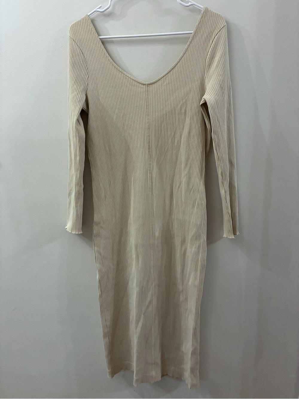 PACT Ribbed Long Sleeve V-Neck Midi Dress - Cream - medium